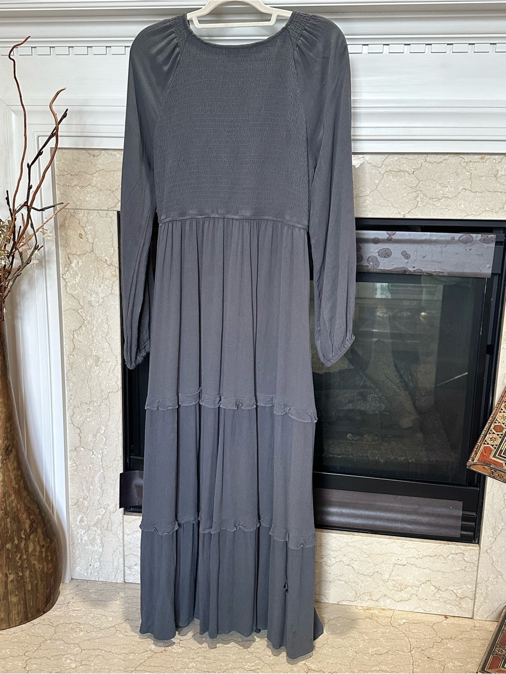 Women’s Long Sleeve Tiered Maxi Dress - Charcoal Gray